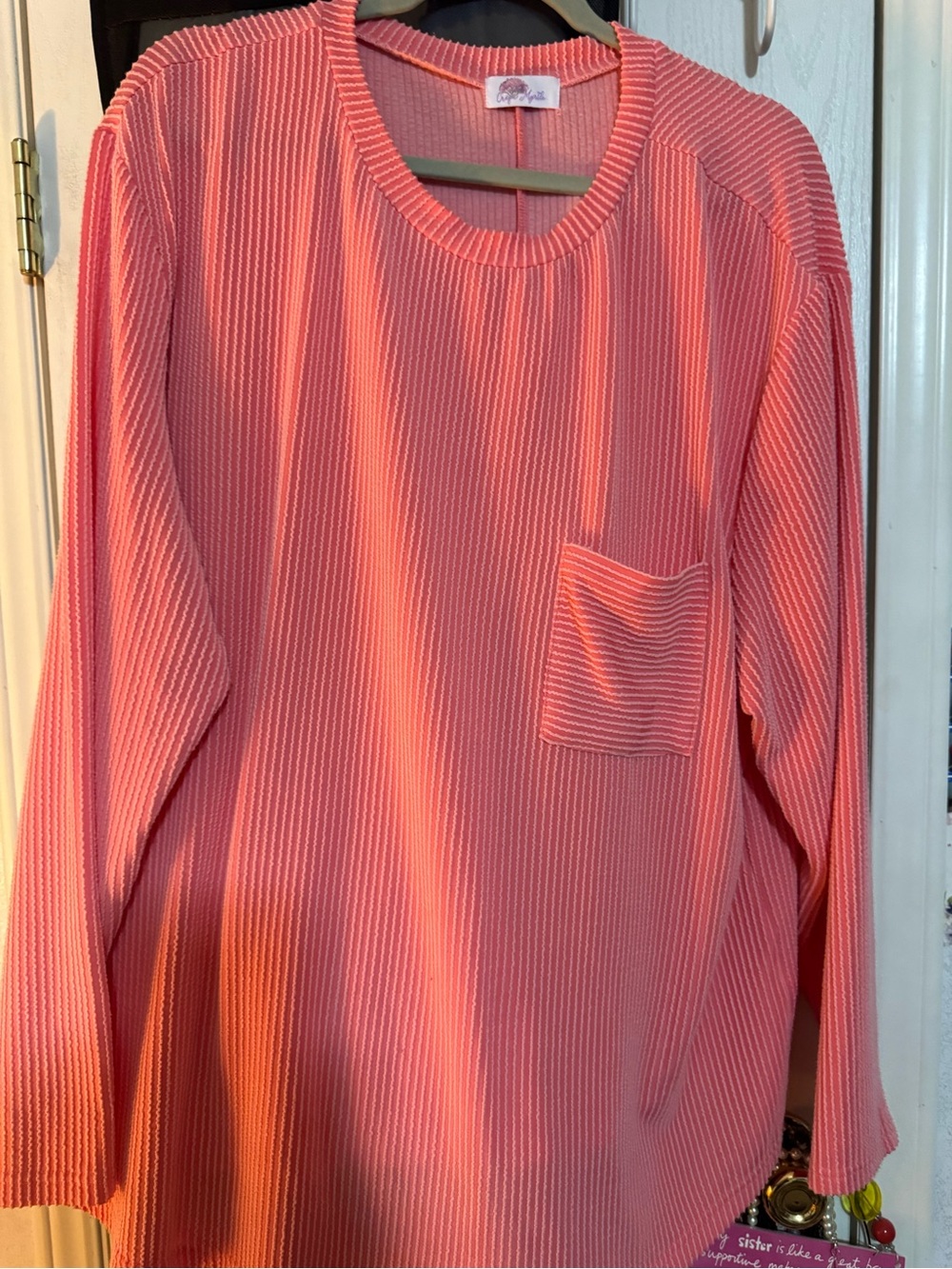 Soft Ribbed Coral Long Sleeve Top with Chest Pocket